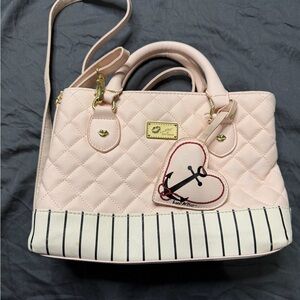 Betsey Johnson Blush Quilted Satchel with Striped Trim and Heart Anchor Patch